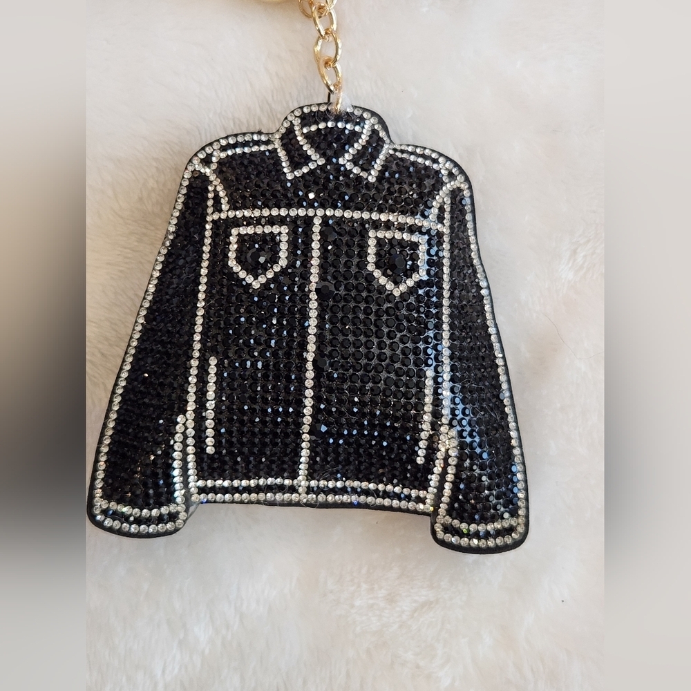 Black and Silver Rhinestone Black Jean Jacket And Jeans Keychain Set Bag Charm - Picture 3 of 4